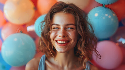 Naklejka premium Potraite Smile girl with balloons 