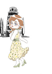 Fototapeta premium girl dancing in a dress in front of Pisa tower in Italy.visit Italy.vector illustration.