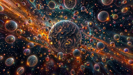 A cosmic fractal artwork depicting a surreal universe with swirling galaxies, nebulae, and celestial spheres suspended in vivid colors, creating an entrancing interstellar vortex.