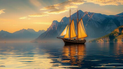 A sailboat peacefully floats on the water near majestic mountains, adventure background