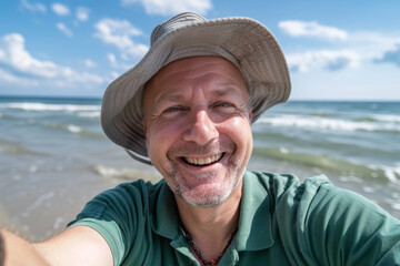 Happy Middle-Aged Man Taking Selfie at the Beach, Close-up selfie of a joyful middle-aged Caucasian man with a hat, smiling on a sunny beach - Summer Vacation Concept

