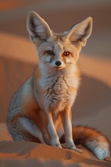 Fototapeta premium A captivating Fennec fox sits gracefully on a sand dune, its large ears and striking eyes highlighted by the warm glow of the desert sunset.