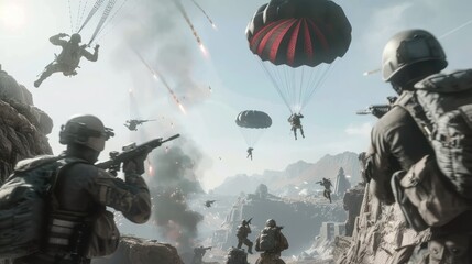 video game scene players parachute falling into the battlefield below