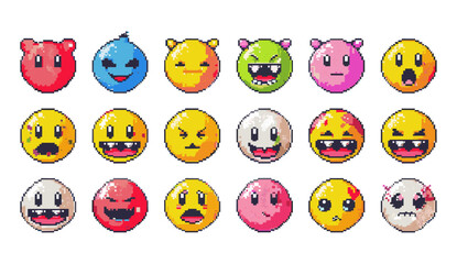 Retro game 8 bit pixel art emoji icon set for web social media mobile cute faces various emotions emoticon. vintage, nostalgia, gaming, pixelated, digital art