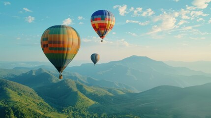 Obraz premium Hot air balloons soar over a majestic mountain landscape, adventure background
