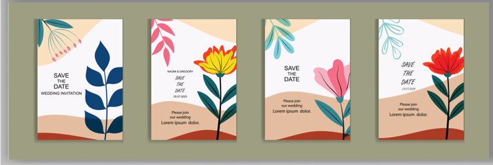 Vector bright and colorful  wedding cards invitation template leaves and flowers floral