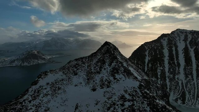 Slow motion drone over Haukland beach in winter