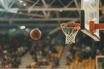 Dynamic close-up of a basketball in mid-air, moments before scoring, with focus on the hoop against a blurred audience backdrop in a brightly lit indoor sports arena