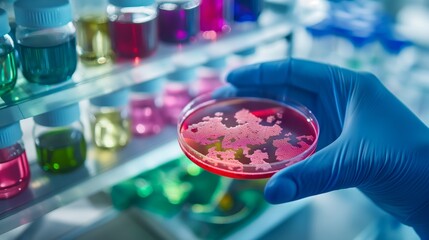 Close-up of a researcher’s gloved hand holding a petri dish against a laboratory backdrop, showcasing the growth of bacteria in a controlled scientific experiment setting