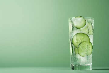 A glass of water with cucumber slices in it with copy space