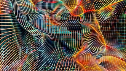 An abstract, digitally rendered composition of undulating, intertwined shapes and forms in vivid, vibrant colors, creating a mesmerizing sense of depth, movement, and visual complexity.