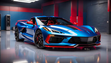 A blue sports car with red stripe