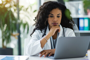 Focused female healthcare professional, dressed in a white lab coat, is intently studying data on her laptop in a modern medical office setting, possibly researching or updating patient records