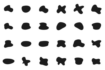 Organic black blobs of irregular shape. Abstract blotch, inkblot and pebble silhouettes, simple liquid amorphous splodge elements water forms creative minimal bubble stone vector set
