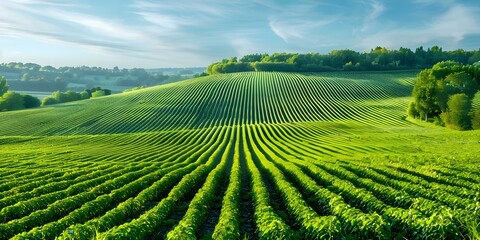 Aerial perspective of a vibrant green farm field with growing crops. Concept Aerial Photography, Farm Field, Crops, Vibrant Green, Aerial Perspective