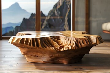 Artistic wooden coffee table design in a contemporary living space with mountain view