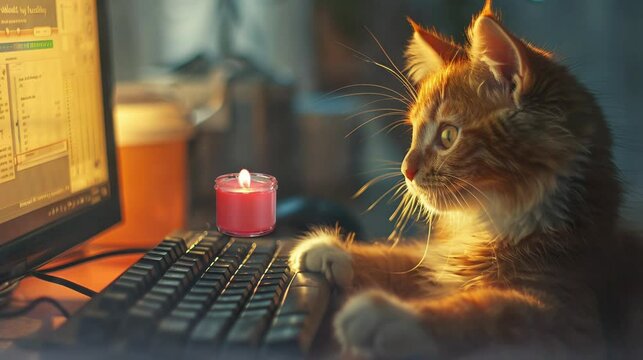 an illustration of a cat who is seriously working on a computer. seamless looping time-lapse virtual 4K video Animation Background.
