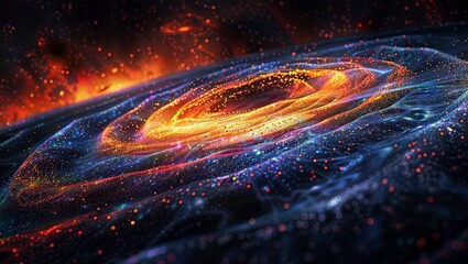 Blazing cosmic trails of glowing particles and fiery energy waves in vivid red, yellow, and blue hues, creating an abstract hyperspeed or wormhole effect in deep space.