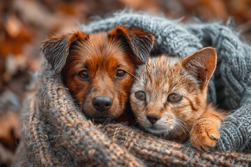 Two dogs and a cat are huddled together under a cozy blanket, staying warm and comfortable