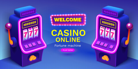 Casino 777 banner slots machine winner, jackpot fortune of luck. Vector illustration