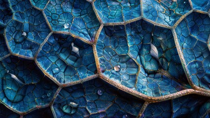 Magnificent abstract fractal patterns resembling ethereal blue stained glass mosaic with intricate hexagonal sections and glowing veins running through them.