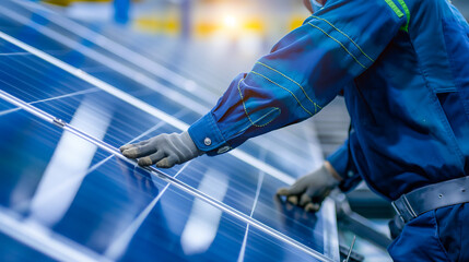 Professional Dedication in Renewable Energy, Technician Carefully Installing Solar Panels in an Industrial Environment
