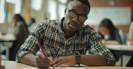 Concentrated african american young man wearing glasses is diligently taking notes in a classroom setting, highlighting his commitment to education and attentive learning process