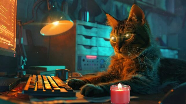 a cute cat who is annoying his owner in front of the computer. seamless looping time-lapse virtual 4K video Animation Background.