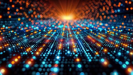 Fototapeta premium A dazzling, bokeh-filled cosmos of golden and azure lights, with radiating beams bursting from a central sun-like source and intricately arranged circular dot patterns.