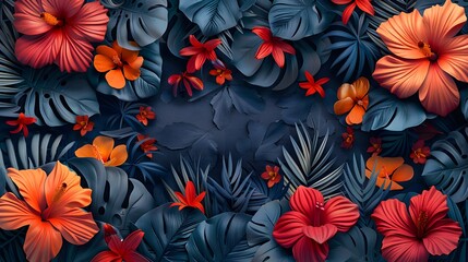 Tropical foliage background. Plants and flowers leaves wallpaper. Red and black, dark tone.