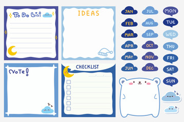 Set of Cute template notes with midnignt theme. Memos and stickers. Cute paper memo template. Notes, memos and to do lists used in a diary, home or office.