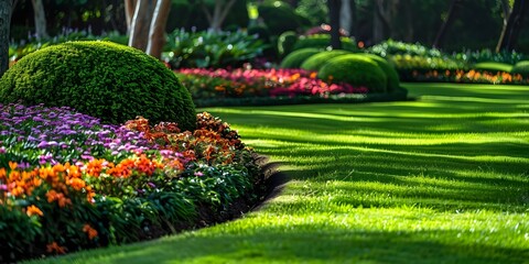 Beautifully Landscaped Park with Well-Maintained Greenery, Flowers, and Shrubs. Concept Park Scenery, Greenery, Flowers, Landscaping, Shrubs