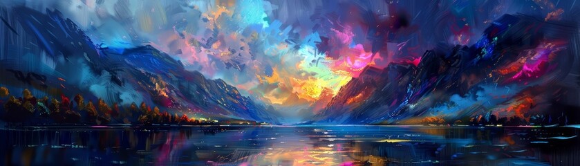 A magical fusion of colors painting the sky, with the mountains and river reflecting the mesmerizing lights