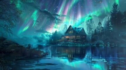 A picturesque scene of a house perched on the shore of a glassy lake, framed by the ethereal beauty of the northern lights flickering in the sky