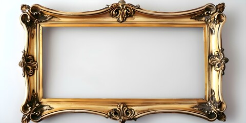 Vintage gilded frame on white background with antique design and golden rectangle. Concept Vintage Decor, Gilded Frame, White Background, Antique Design, Golden Rectangle