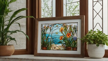 seaside villa, close-up of picture frame mockup, plants, stained glass window, vase