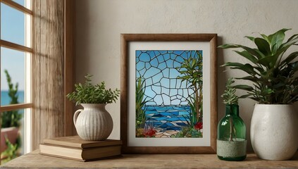 seaside villa, close-up of picture frame mockup, plants, stained glass window, vase