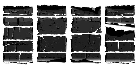 Black ripped paper sheet with scratch. Set of jagged edge rectangle shape. Grunge frame collection for sticker, collage, banner. Vector isolated on white background. torn paper, distressed, textured.