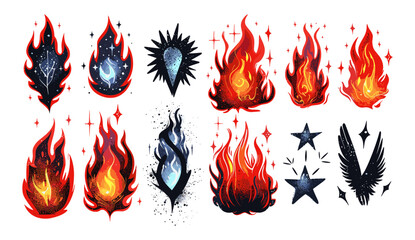 Hand drawn y2k style flame elements, fire frame, trendy grunge scrawl icon, stickers, freehand pencil drawing, vector illustration. Retro, vintage, hipster, sketch, doodle.