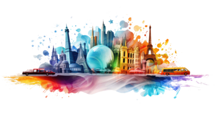 traveling around the world in colorful colors isolated on transparent background