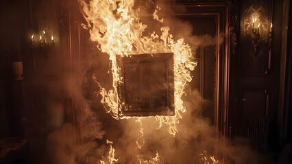 Mockup of burning frame with fire spreading in different directions carelessly. Concept Fire hazard, Unsafe behavior, Risky situation, Irresponsible actions