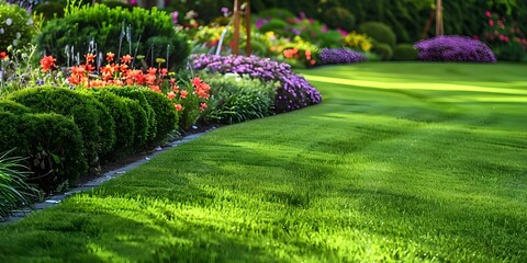 Well-maintained Park with Neatly Trimmed Lawn, Flowers, and Shrubs. Concept Park, Lawn, Flowers, Shrubs, Maintenance