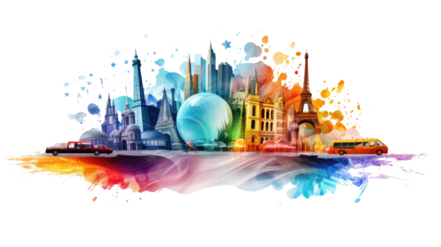 traveling around the world in colorful colors isolated on transparent background
