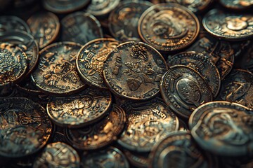 Closeup of an intricate vintage coin collection showcasing aged coins with detailed texture and historical significance, perfect for numismatics enthusiasts and collectors