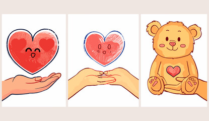 Hand drawn colored greeting card. Modern vector illustration. Set of love, romance, Valentine's day concept. Kiss, hands holding heart, bear. Affection, passion, relationship, cuddle, gift.