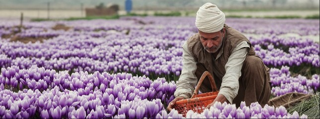 Saffron flowers planting and picking.
