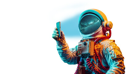 Man Holding Phone for Shopping themed An Astronaut Engaging with E-commerce app via Smartphone for Advertising, Technology, Online Shopping, Digital Marketing, Product Promotion with copy space