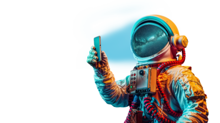 Man Holding Phone for Shopping themed An Astronaut Engaging with E-commerce app via Smartphone for Advertising, Technology, Online Shopping, Digital Marketing, Product Promotion with copy space