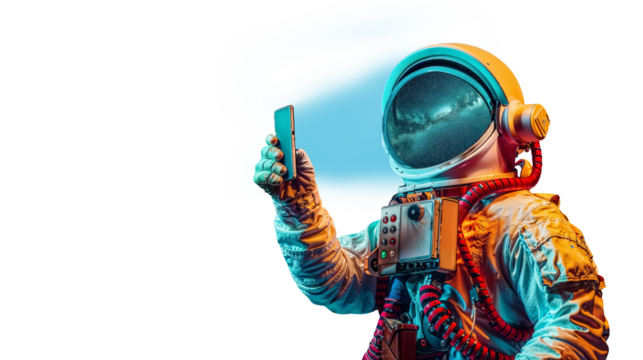 Man Holding Phone for Shopping themed An Astronaut Engaging with E-commerce app via Smartphone for Advertising, Technology, Online Shopping, Digital Marketing, Product Promotion with copy space