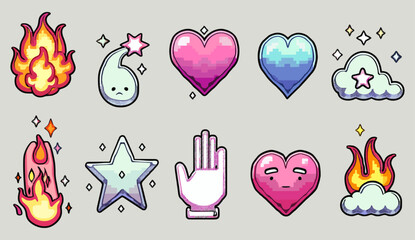 Vector 8-bit retro style illustration of hand, heart, star, cloud in a set of pixel art dialogue box with speech bubbles in the mood of 90's aesthetics. Nostalgia, vintage, retro gaming, pop culture.